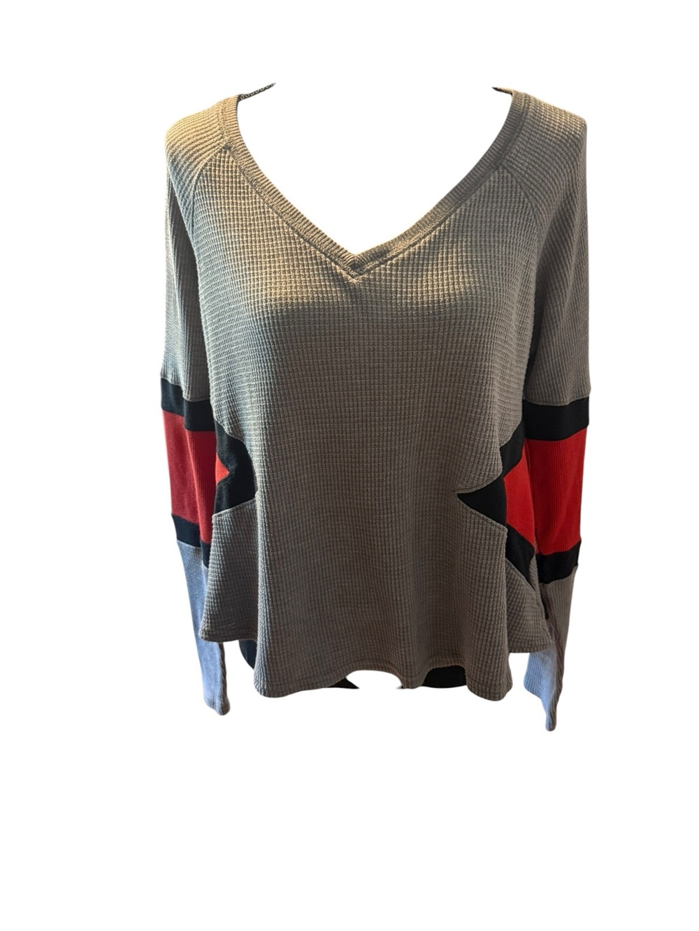 V-Neck Waffle Knit Colorblock Pullover - Gray with Red & Black we the free small